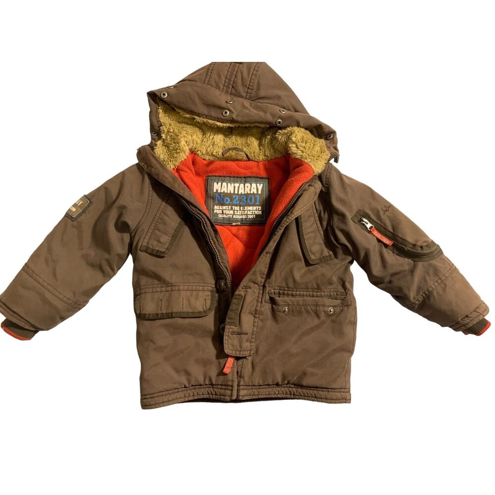Manta Ray mantaray Boys Size 5 Brown Winter Coat fur trim hood Zip Up Sleeve che